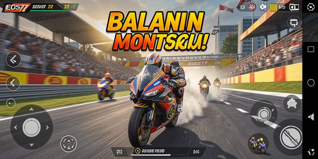 Screenshot utama EOS77 menampilkan aksi balapan motor yang mendebarkan.