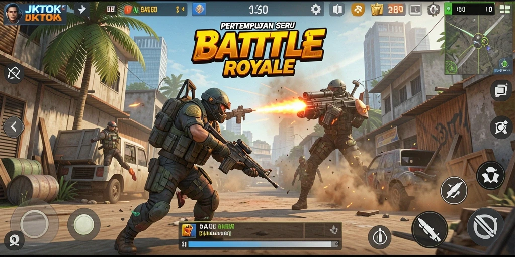 Screenshot utama JKTOK menunjukkan aksi pertempuran intens di arena Battle Royale.