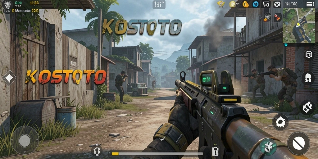 Screenshot KOSTOTO menampilkan aksi intens dalam permainan FPS.