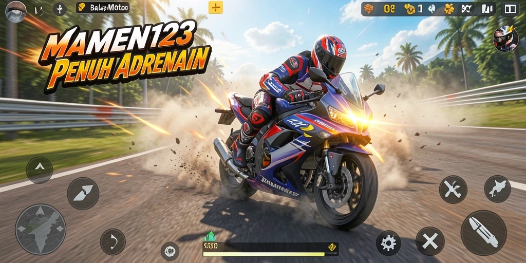 Tampilan gameplay mencengangkan dari MAMEN123 dengan motor balap yang cepat.